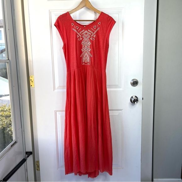 Free People Toosaloosa Slub Meadows Midi Coral Orange Dress Size Medium - Picture 2 of 11